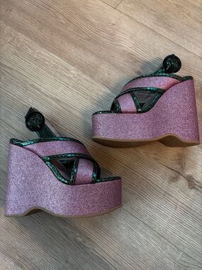 Undercover Pink Glitter Platform Wedge Sandals with Green Trim